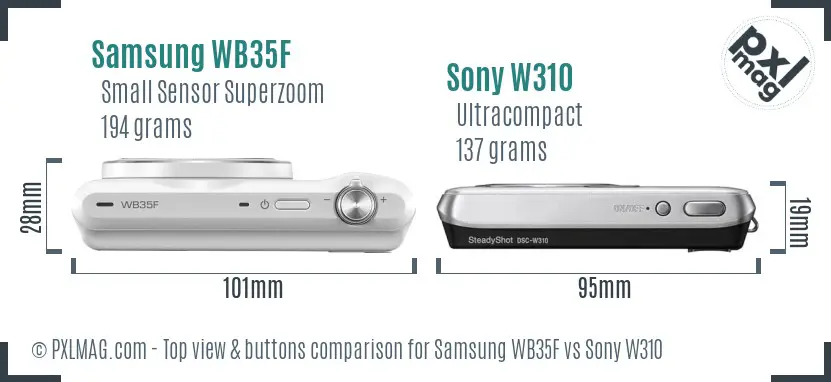 Samsung WB35F vs Sony W310 top view buttons comparison Samsung WB35F vs Sony W310 top view buttons comparison