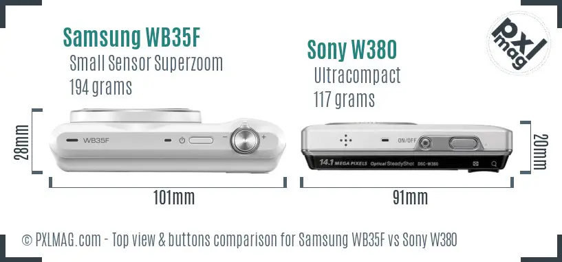 Samsung WB35F vs Sony W380 top view buttons comparison Samsung WB35F vs Sony W380 top view buttons comparison