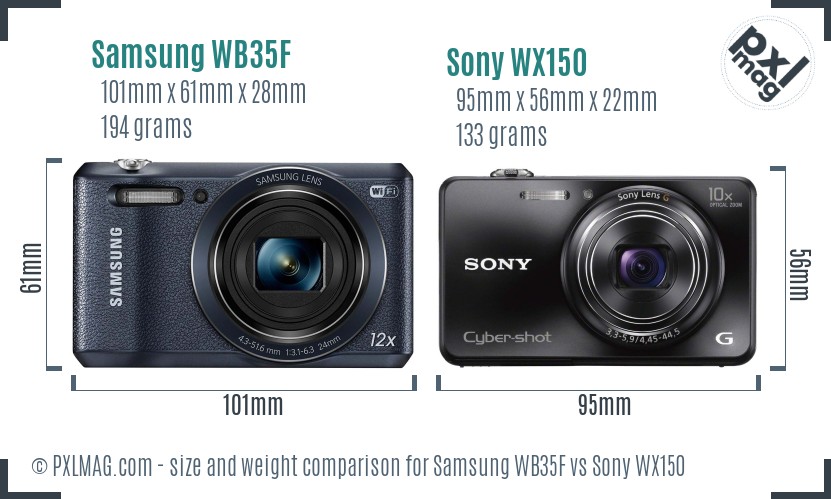 Samsung WB35F vs Sony WX150 size comparison