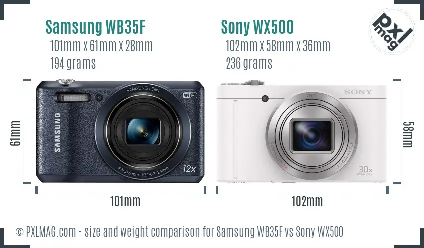 Samsung WB35F vs Sony WX500 size comparison