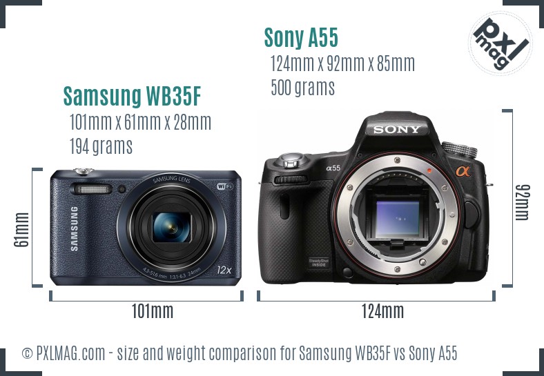Samsung WB35F vs Sony A55 size comparison