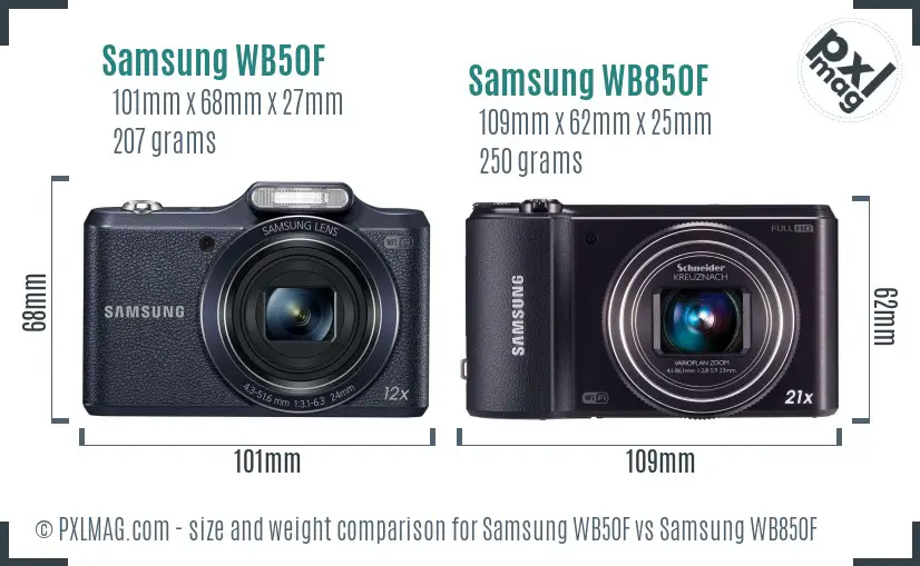 Samsung WB50F vs Samsung WB850F size comparison