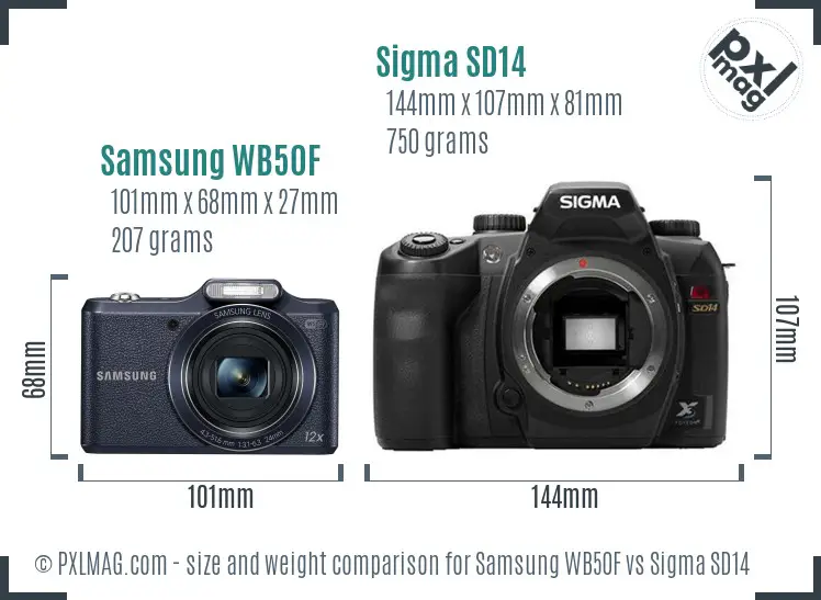 Samsung WB50F vs Sigma SD14 size comparison