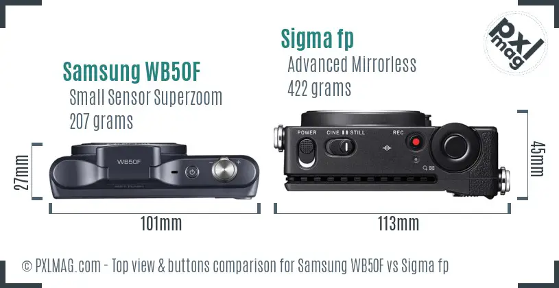 Samsung WB50F vs Sigma fp top view buttons comparison