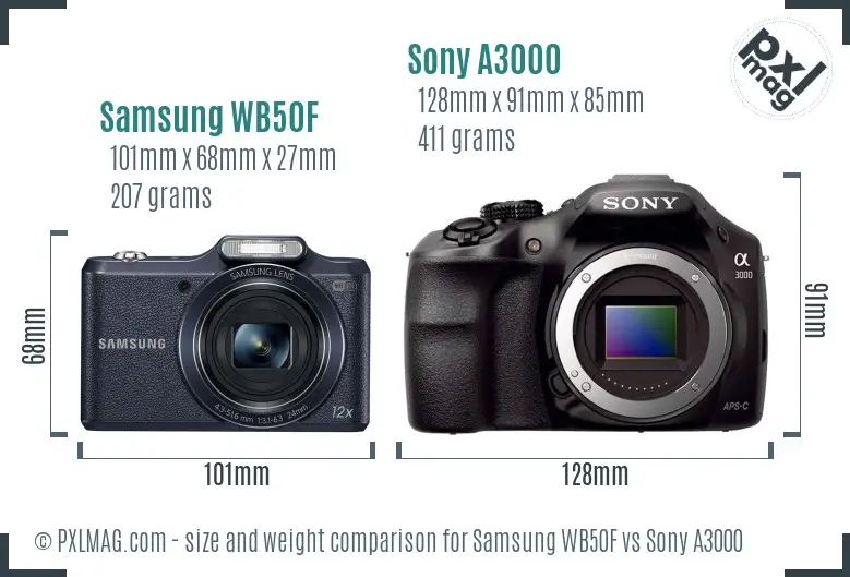 Samsung WB50F vs Sony A3000 size comparison