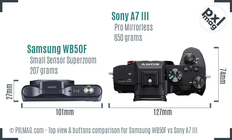 Samsung WB50F vs Sony A7 III top view buttons comparison