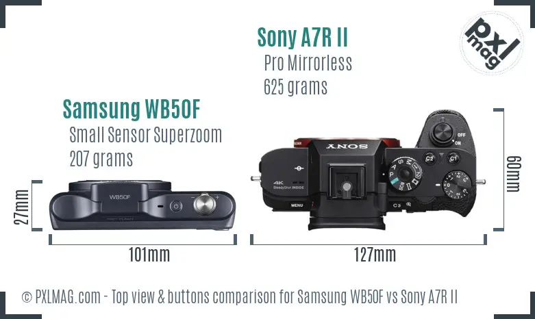 Samsung WB50F vs Sony A7R II top view buttons comparison