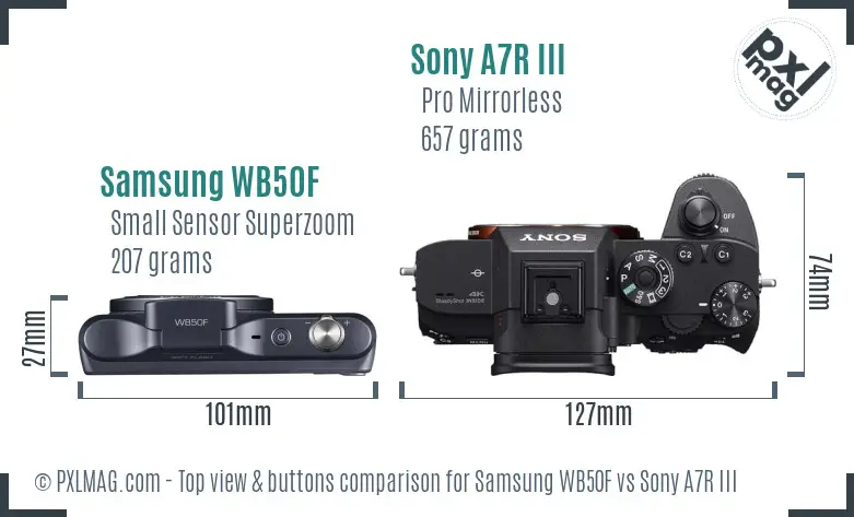 Samsung WB50F vs Sony A7R III top view buttons comparison