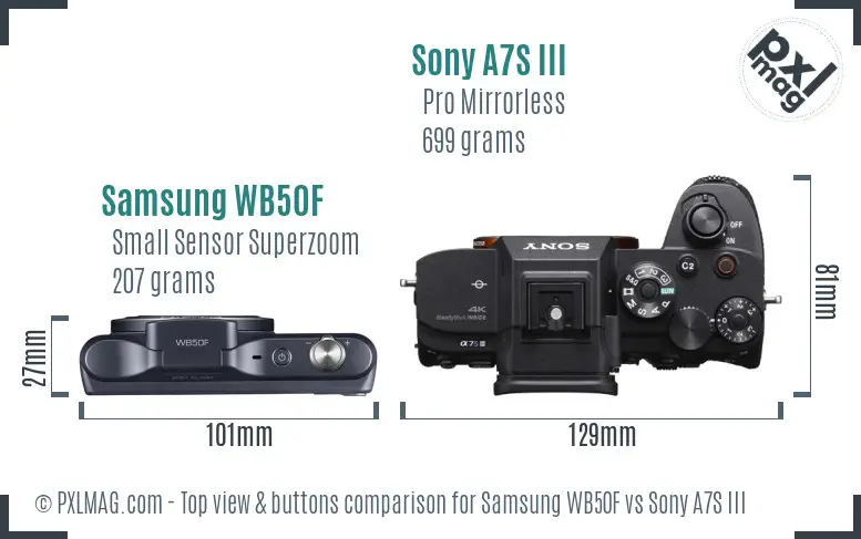 Samsung WB50F vs Sony A7S III top view buttons comparison