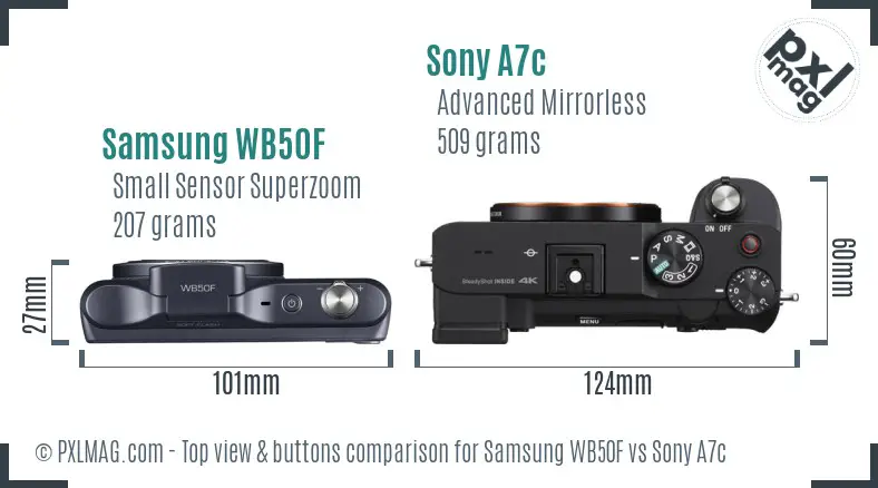 Samsung WB50F vs Sony A7c top view buttons comparison Samsung WB50F vs Sony A7c top view buttons comparison