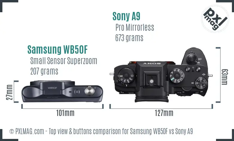 Samsung WB50F vs Sony A9 top view buttons comparison Samsung WB50F vs Sony A9 top view buttons comparison