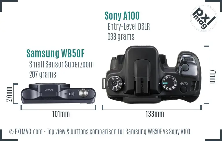 Samsung WB50F vs Sony A100 top view buttons comparison Samsung WB50F vs Sony A100 top view buttons comparison