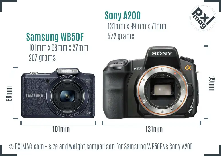 Samsung WB50F vs Sony A200 size comparison