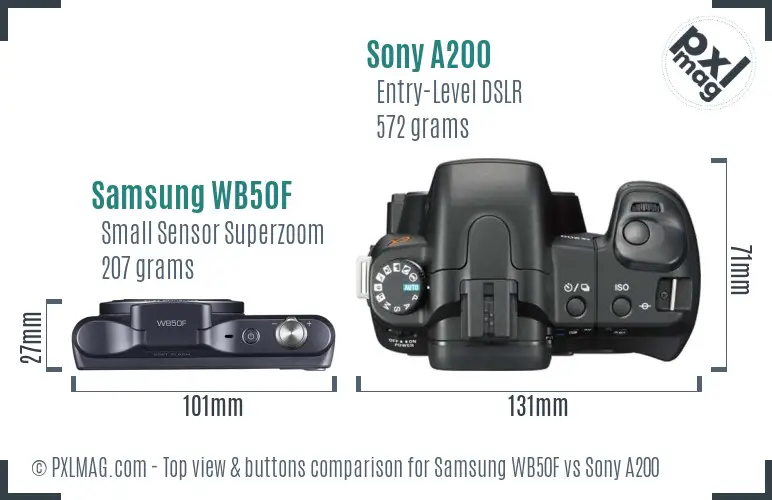 Samsung WB50F vs Sony A200 top view buttons comparison