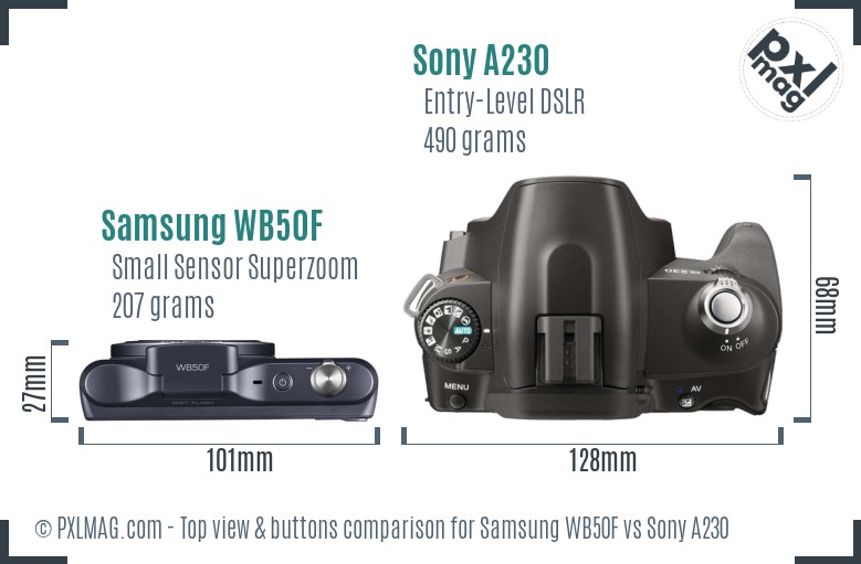 Samsung WB50F vs Sony A230 top view buttons comparison