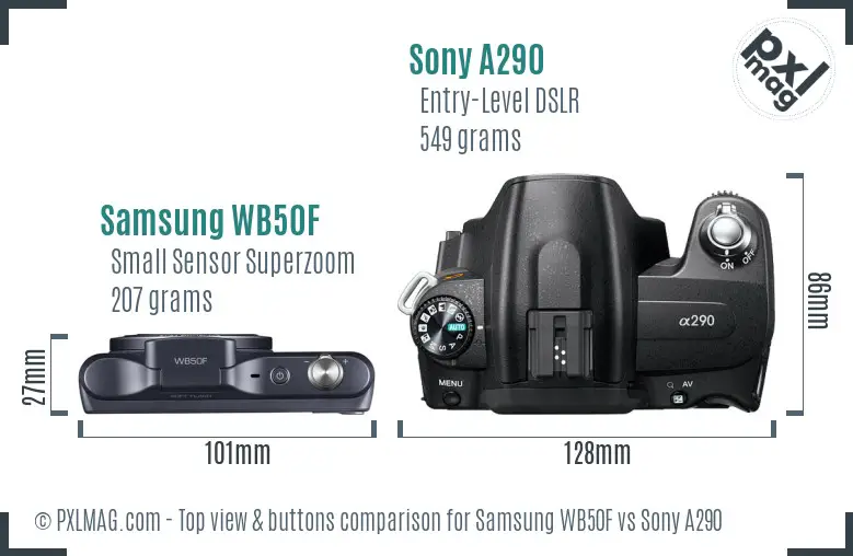 Samsung WB50F vs Sony A290 top view buttons comparison Samsung WB50F vs Sony A290 top view buttons comparison