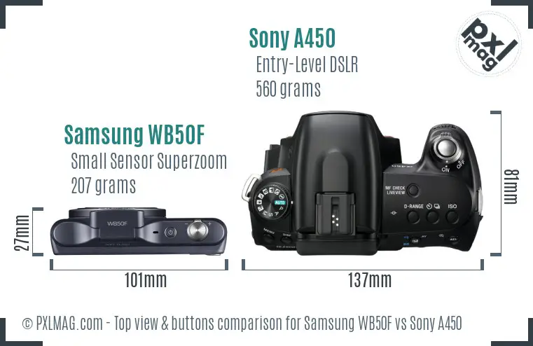 Samsung WB50F vs Sony A450 top view buttons comparison