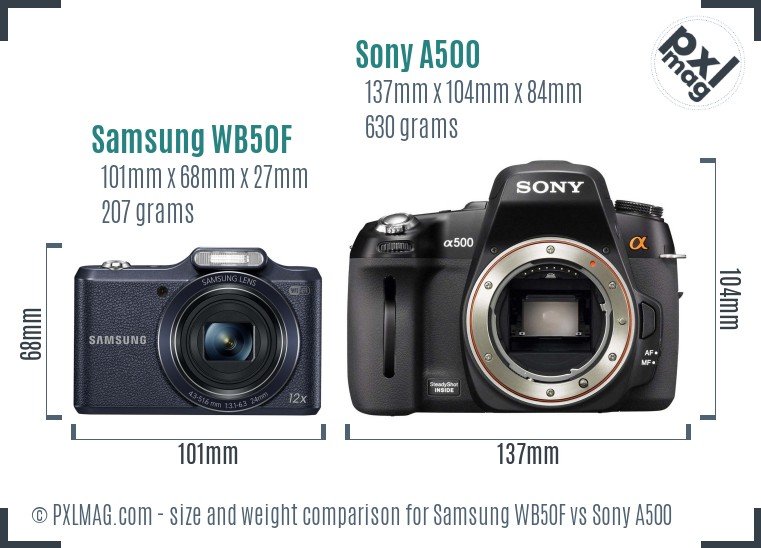 Samsung WB50F vs Sony A500 size comparison