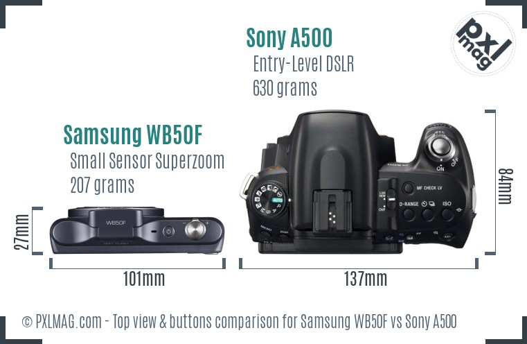 Samsung WB50F vs Sony A500 top view buttons comparison