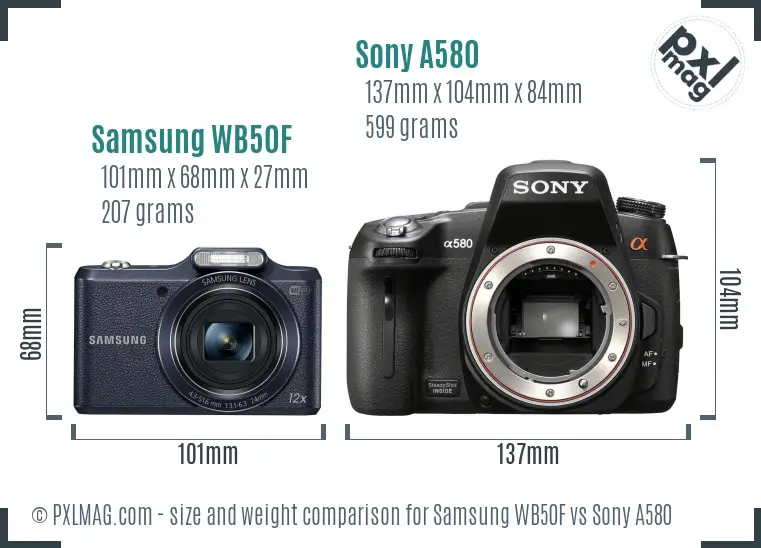 Samsung WB50F vs Sony A580 size comparison