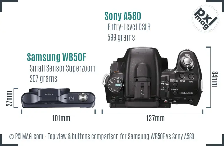 Samsung WB50F vs Sony A580 top view buttons comparison