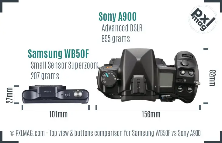 Samsung WB50F vs Sony A900 top view buttons comparison Samsung WB50F vs Sony A900 top view buttons comparison