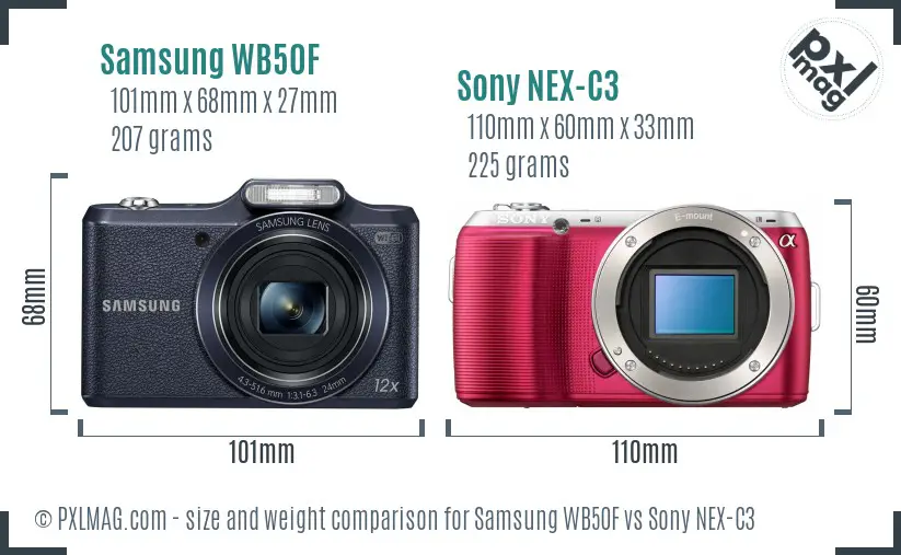 Samsung WB50F vs Sony NEX-C3 size comparison