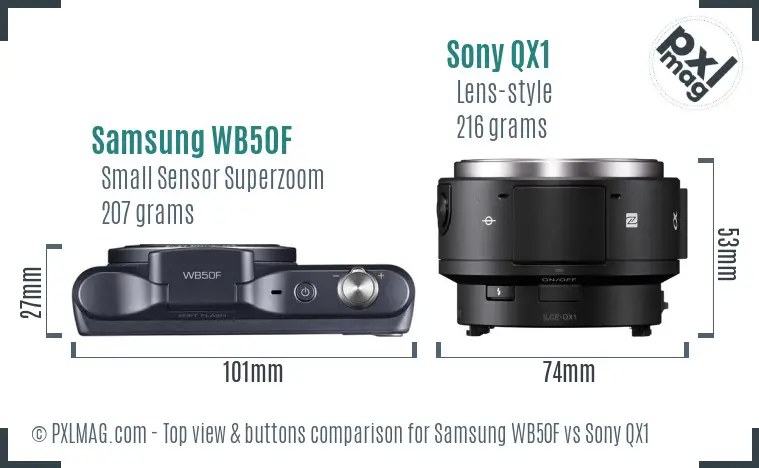 Samsung WB50F vs Sony QX1 top view buttons comparison Samsung WB50F vs Sony QX1 top view buttons comparison