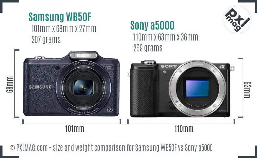 Samsung WB50F vs Sony a5000 size comparison