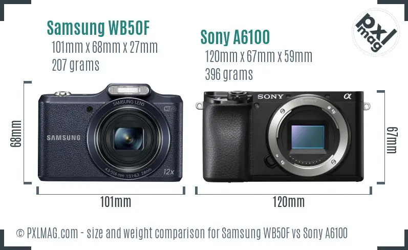 Samsung WB50F vs Sony A6100 size comparison