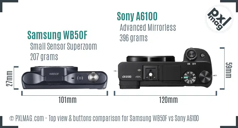 Samsung WB50F vs Sony A6100 top view buttons comparison