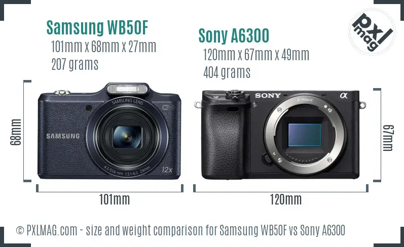 Samsung WB50F vs Sony A6300 size comparison