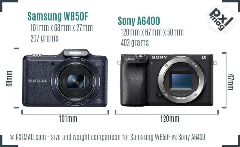 Samsung WB50F vs Sony A6400 size comparison