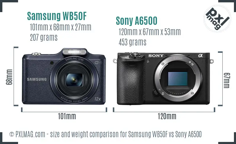 Samsung WB50F vs Sony A6500 size comparison