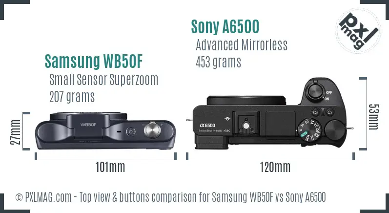 Samsung WB50F vs Sony A6500 top view buttons comparison