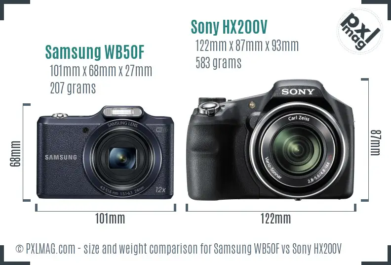 Samsung WB50F vs Sony HX200V size comparison
