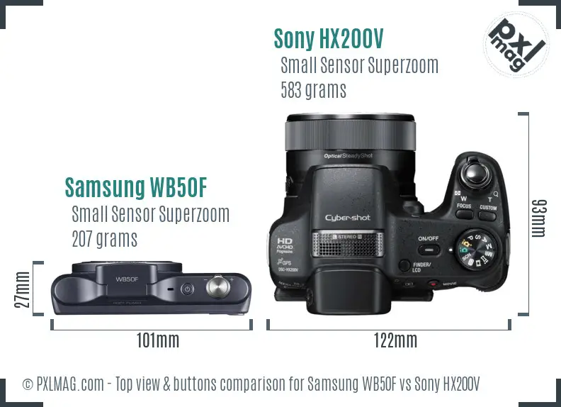 Samsung WB50F vs Sony HX200V top view buttons comparison