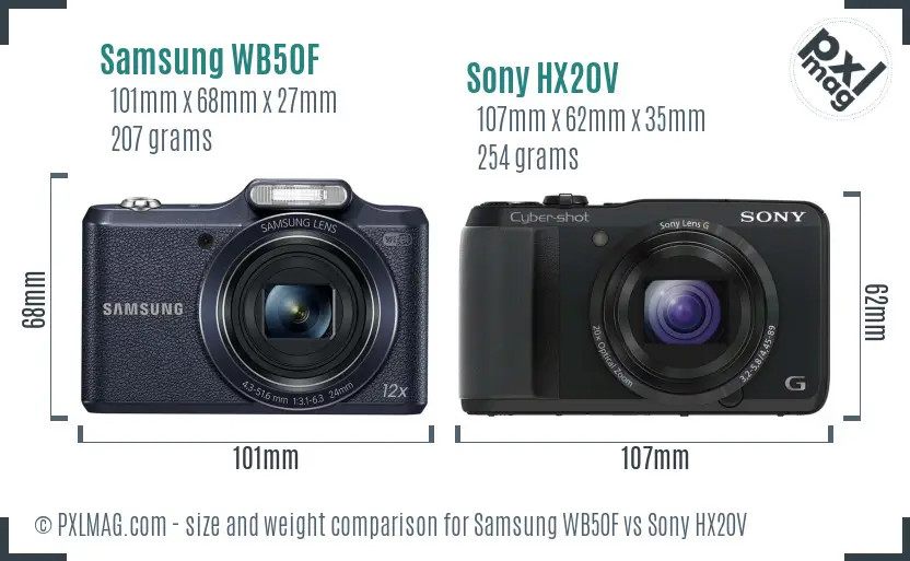 Samsung WB50F vs Sony HX20V size comparison