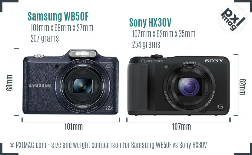 Samsung WB50F vs Sony HX30V size comparison
