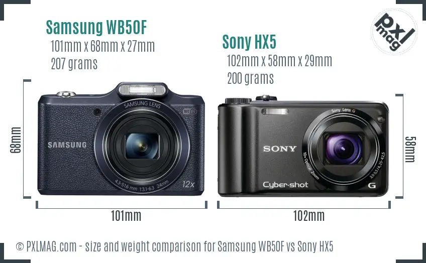 Samsung WB50F vs Sony HX5 size comparison Samsung WB50F vs Sony HX5 size comparison