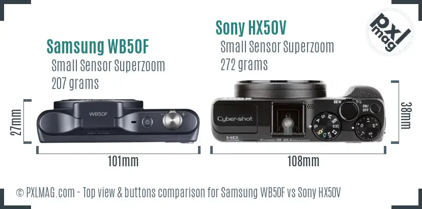 Samsung WB50F vs Sony HX50V top view buttons comparison