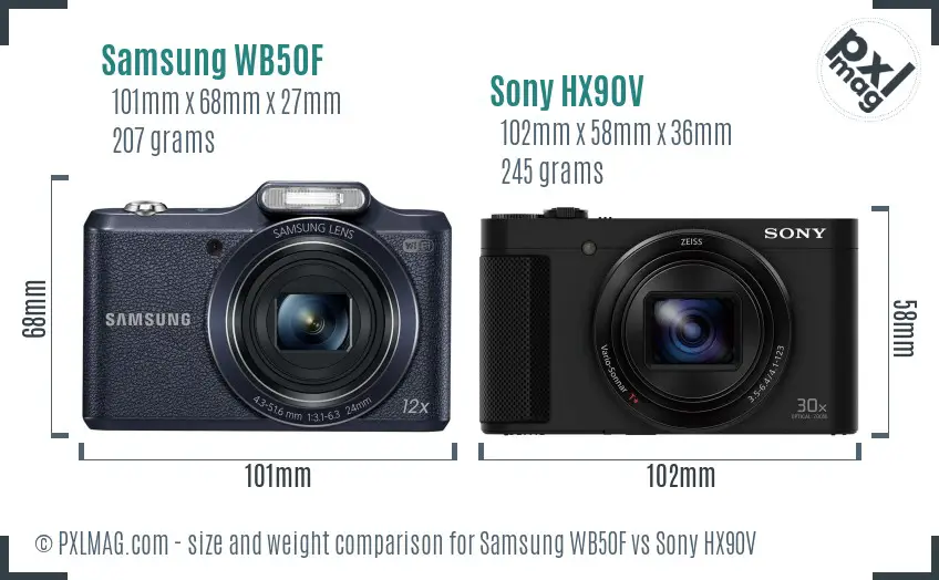 Samsung WB50F vs Sony HX90V size comparison