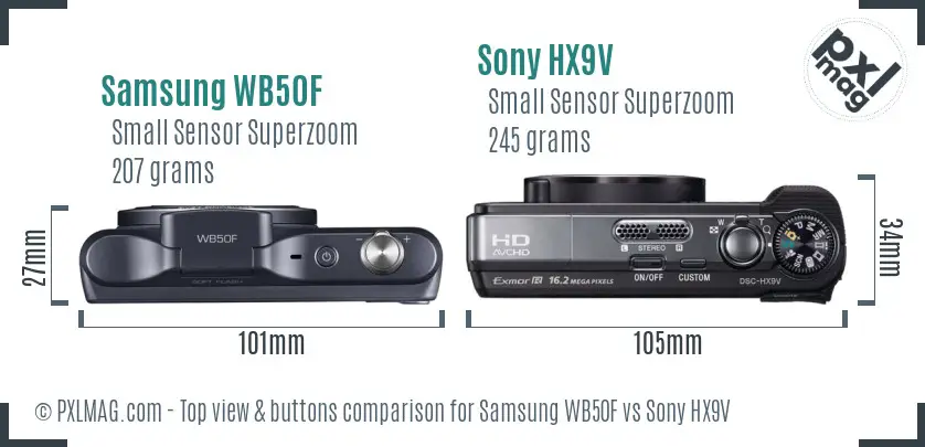 Samsung WB50F vs Sony HX9V top view buttons comparison