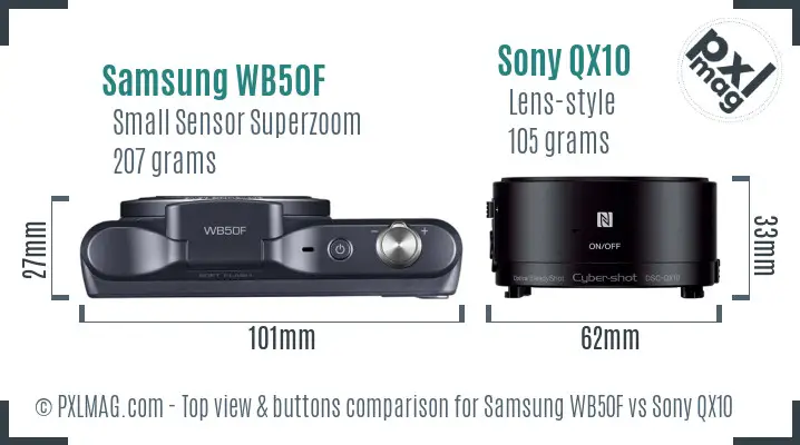 Samsung WB50F vs Sony QX10 top view buttons comparison Samsung WB50F vs Sony QX10 top view buttons comparison