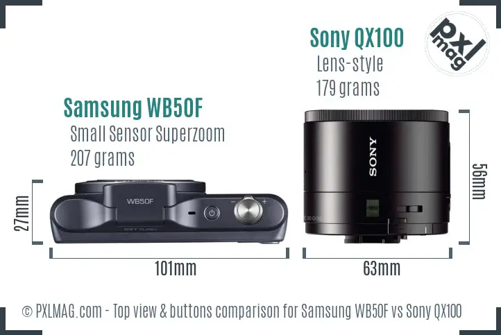 Samsung WB50F vs Sony QX100 top view buttons comparison