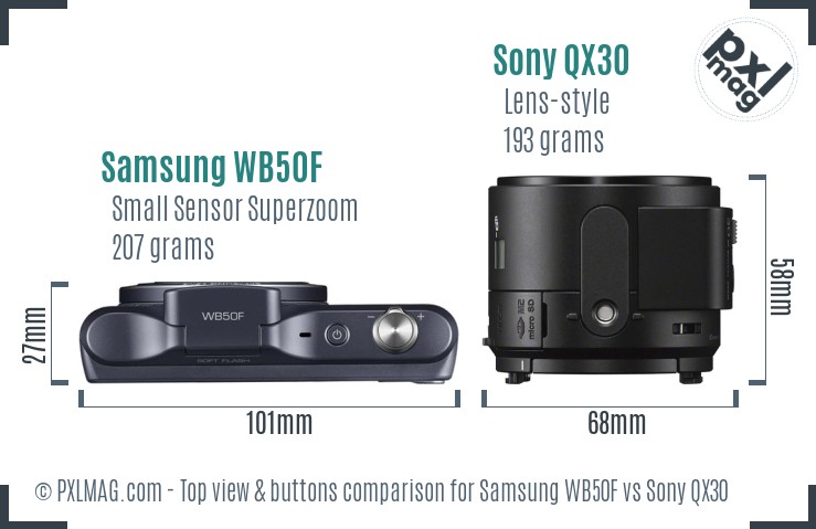 Samsung WB50F vs Sony QX30 top view buttons comparison