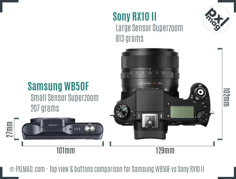 Samsung WB50F vs Sony RX10 II top view buttons comparison