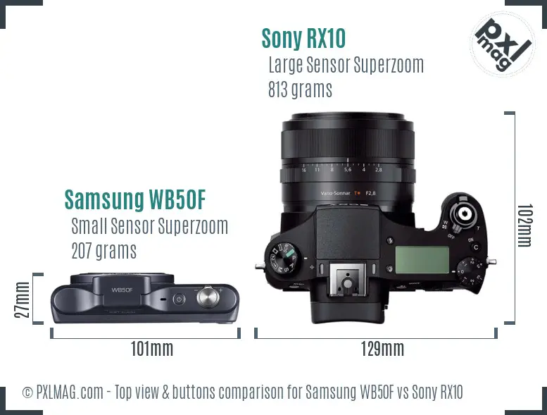 Samsung WB50F vs Sony RX10 top view buttons comparison