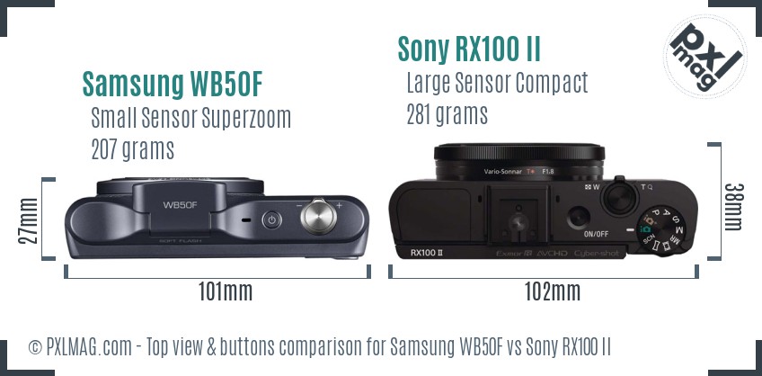 Samsung WB50F vs Sony RX100 II top view buttons comparison