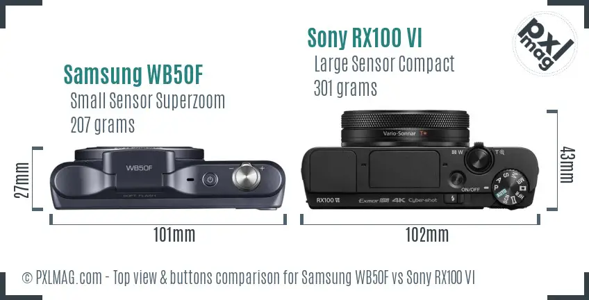Samsung WB50F vs Sony RX100 VI top view buttons comparison